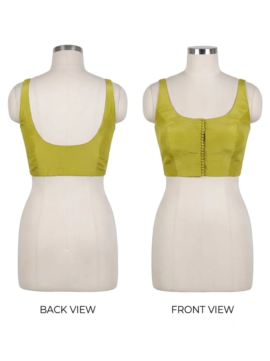 Lime Olive Green Silk Saree Blouse | Front Potli Button Wide Scoop Neck Sleeveless Choli Top