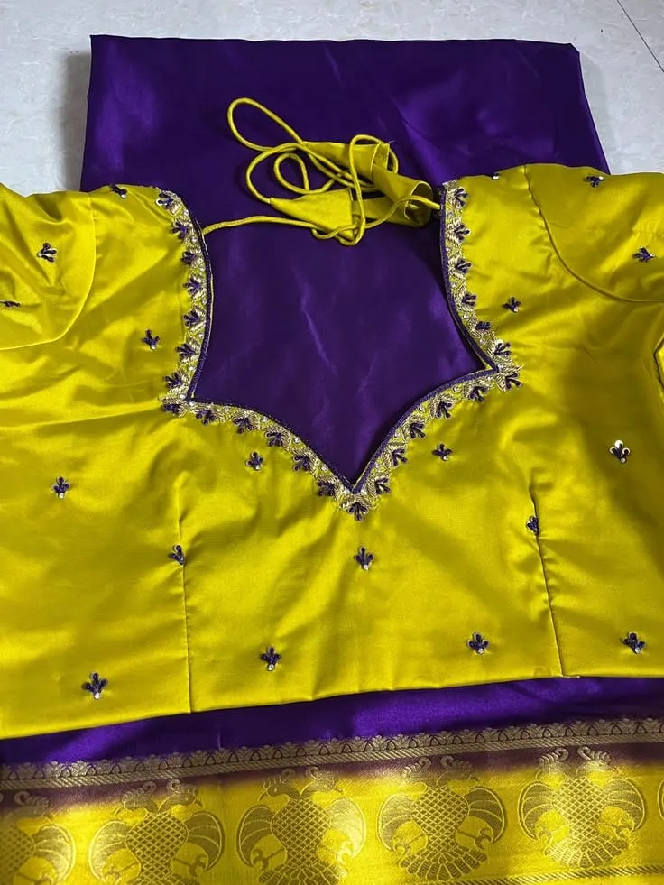 Lime Yellow Silk Saree Blouse with Purple Zari Border | Custom Stitched Hand Embroidered Sweetheart Neck Choli with Dori
