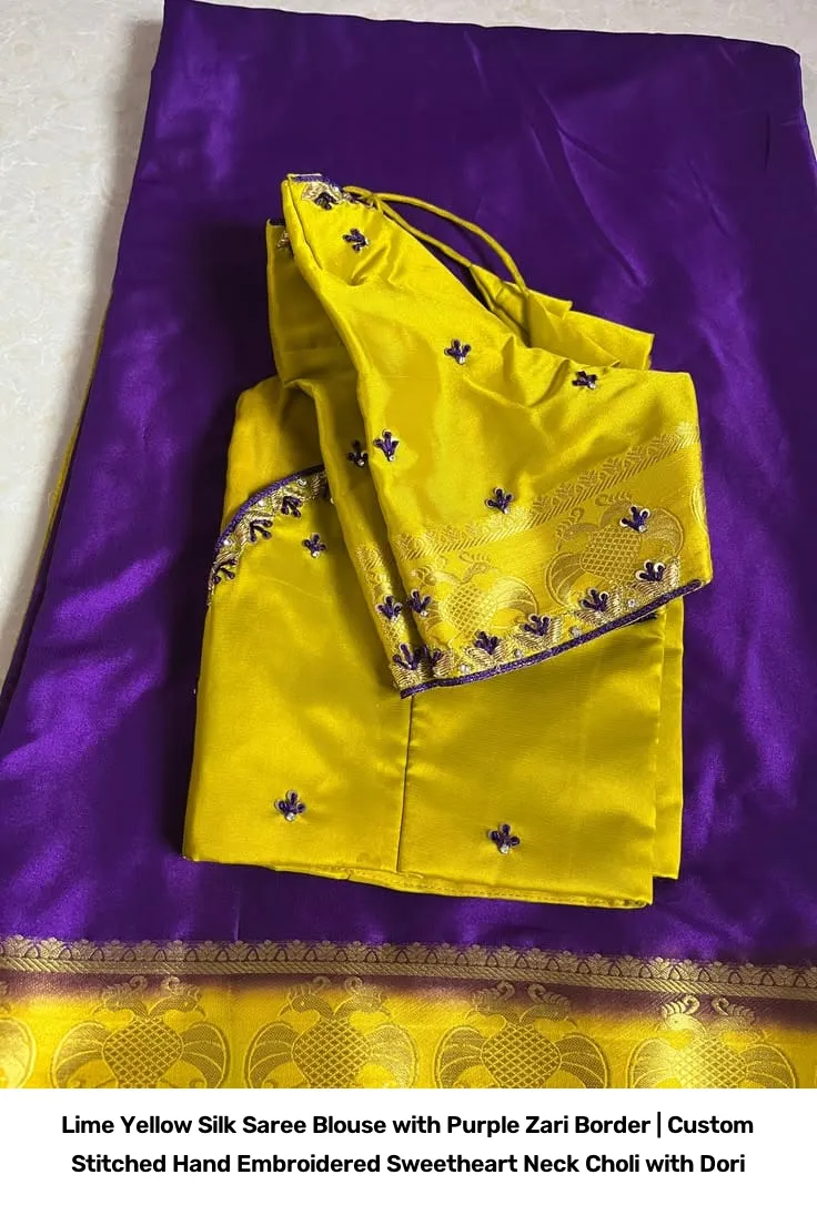 Lime Yellow Silk Saree Blouse with Purple Zari Border | Custom Stitched Hand Embroidered Sweetheart Neck Choli with Dori 2