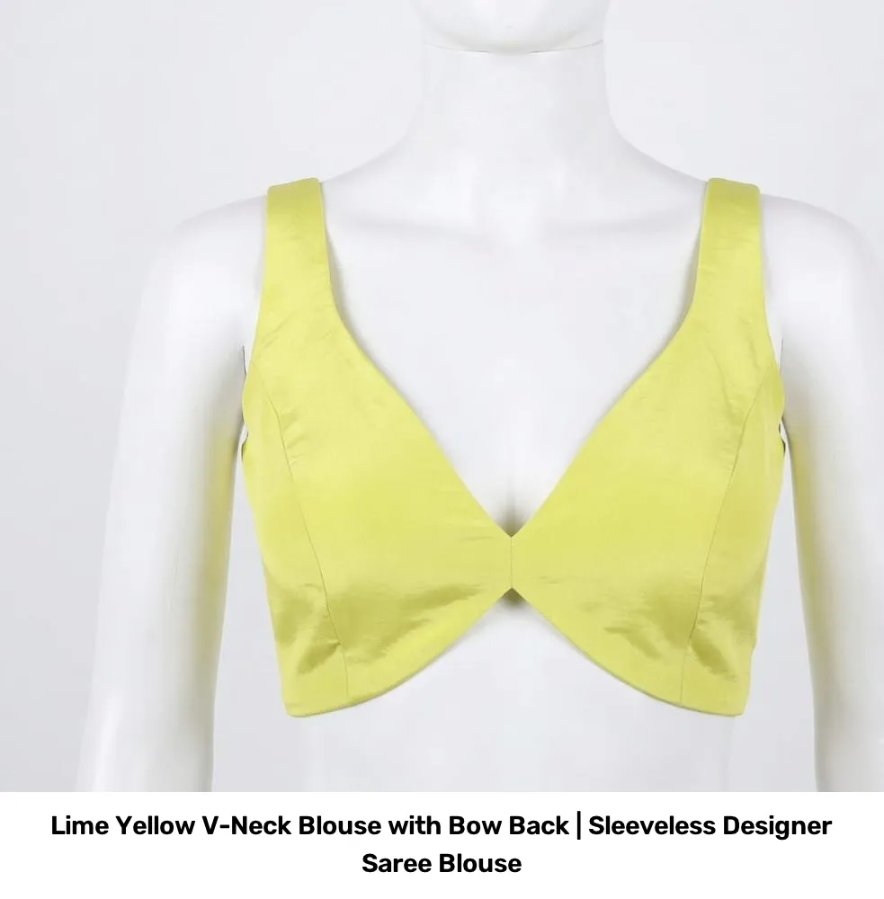 Lime Yellow V-Neck Blouse with Bow Back | Sleeveless Designer Saree Blouse 2