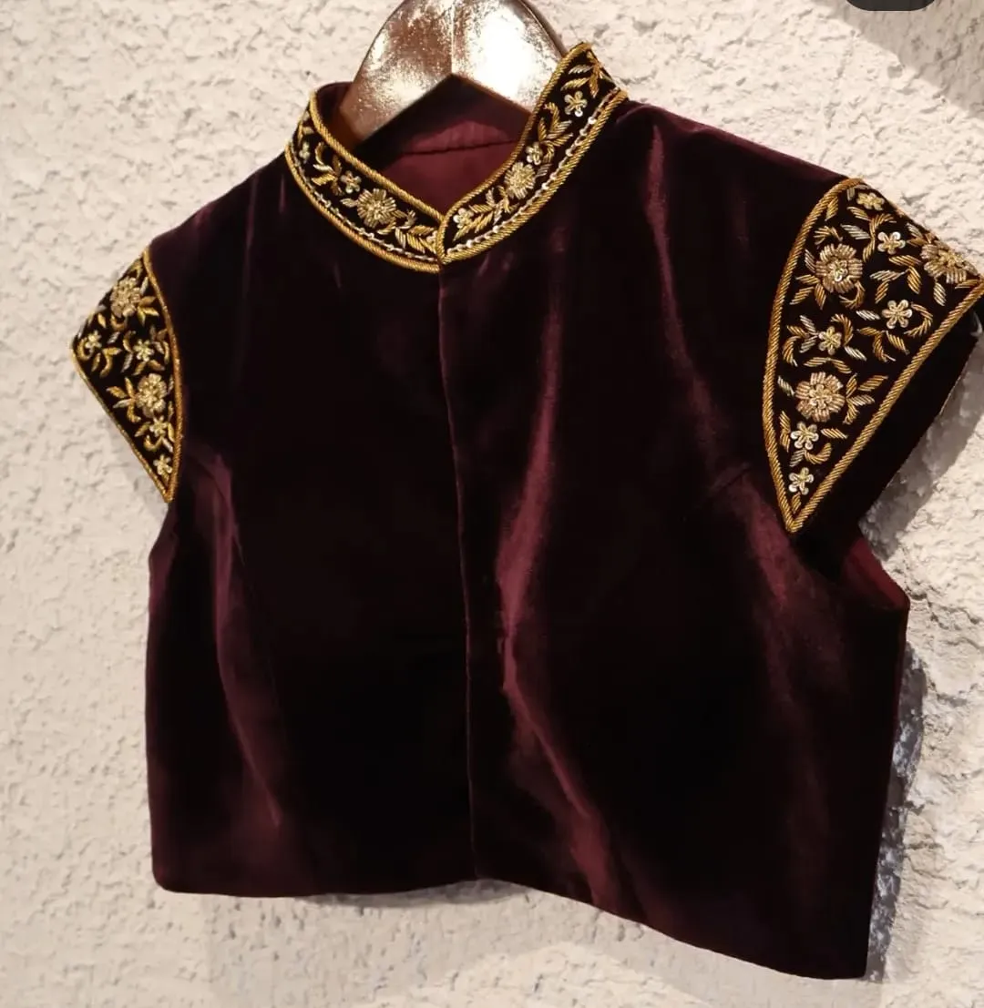 Luxury Velvet Blouse with Zardozi Work – Customizable Size Colour | Designer Saree Blouse for Wedding Party Festive Wear 1