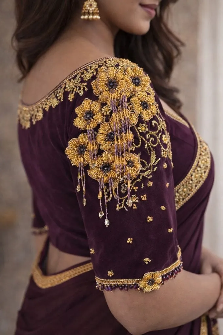 Luxury Wine Hand-Embroidered Velvet Saree Blouse | Custom Fit Designer Wedding Blouse 1