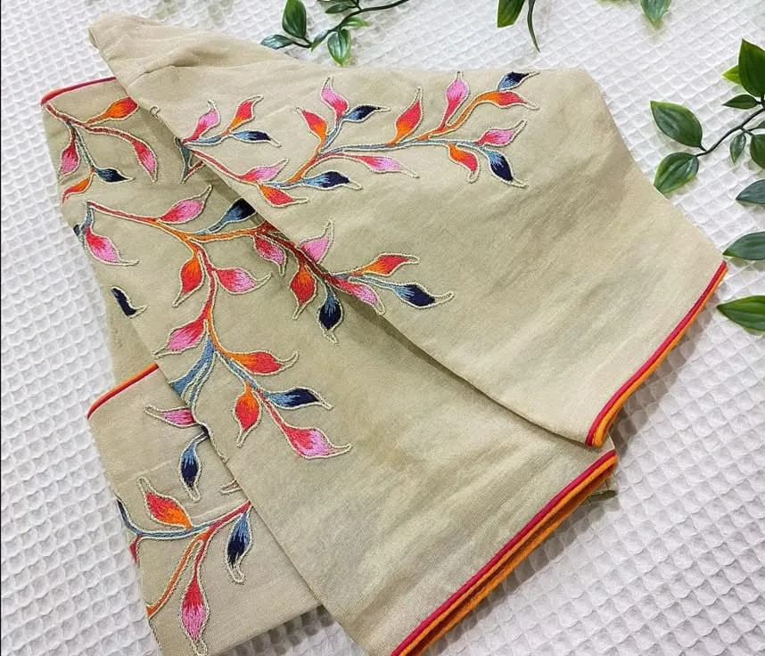Machine Embroidered Beige Raw Silk Blouse | Multi-Color Leaf Vine Thread Work Designer Saree Blouse