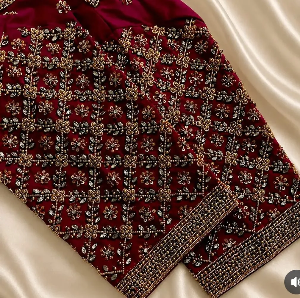 Magenta Aari Work Designer Readymade Saree Blouse | Heavy Zardosi Embroidered Bridal Silk Blouse 1