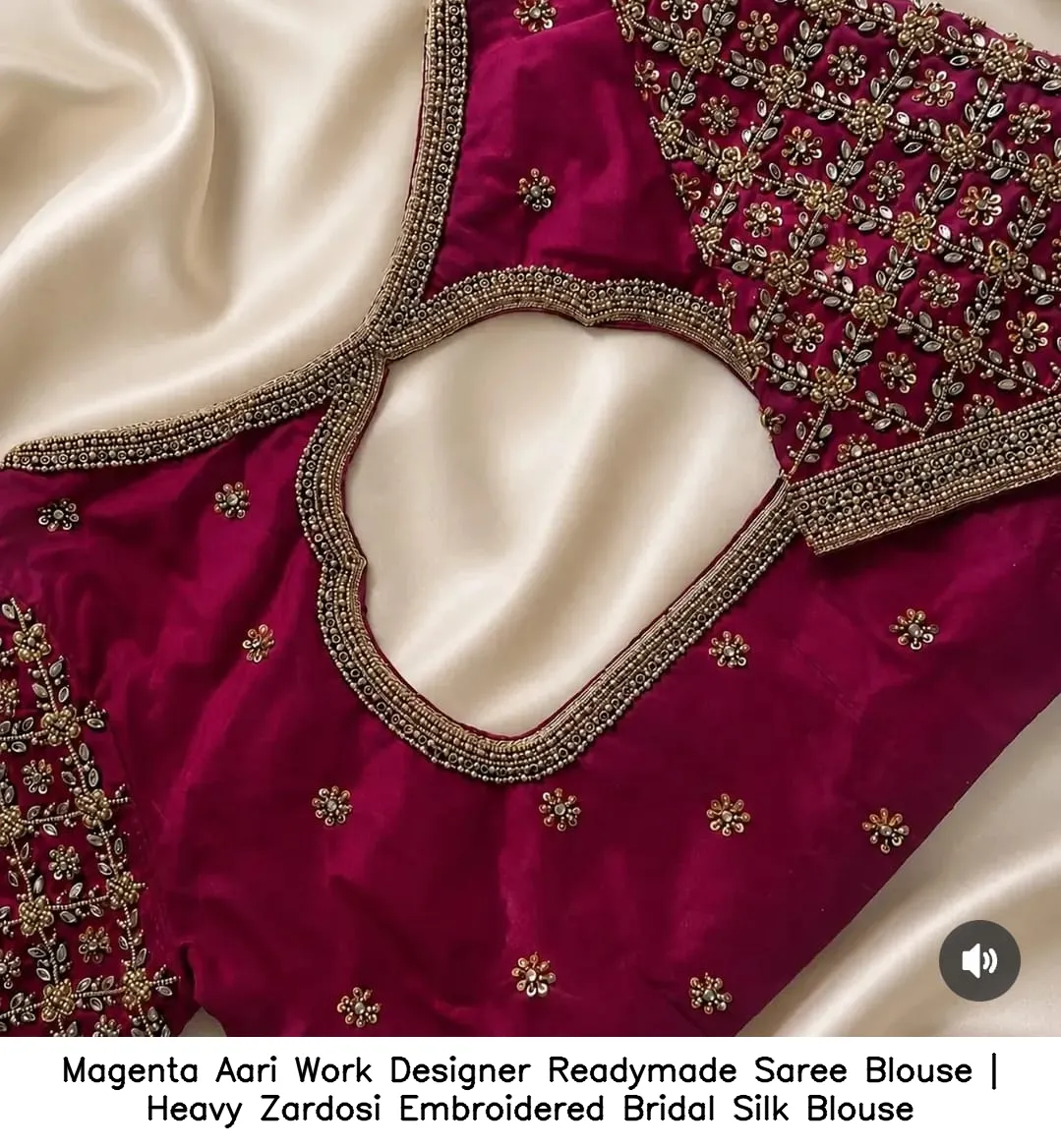 Magenta Aari Work Designer Readymade Saree Blouse | Heavy Zardosi Embroidered Bridal Silk Blouse 2