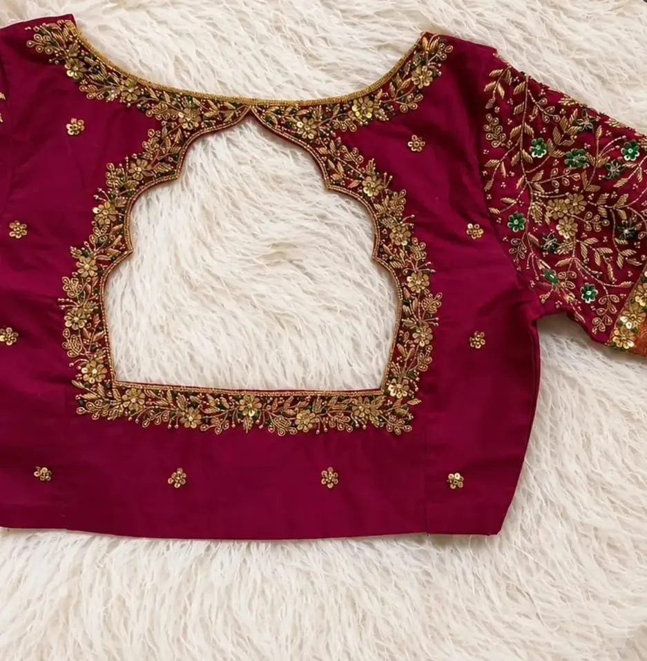 Magenta Bridal Silk Blouse | Arched Pot Back Cutout & Heavy All-Over Sleeve Maggam Work 1
