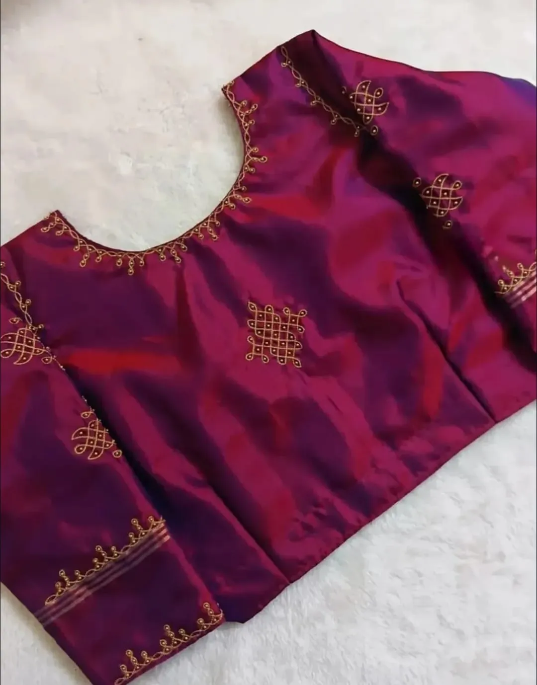 Magenta Muggu Work Readymade Saree Blouse | Traditional Kolam Embroidered Silk Blouse 1