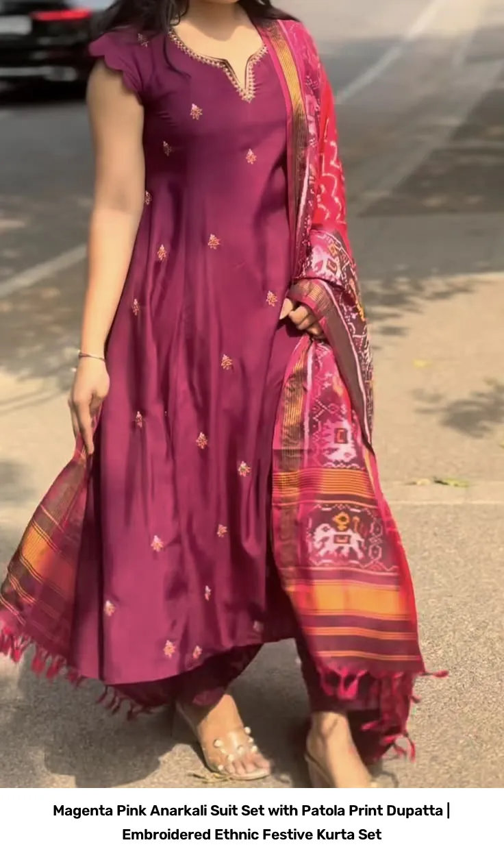 Magenta Pink Anarkali Suit Set with Patola Print Dupatta | Embroidered Ethnic Festive Kurta Set 2