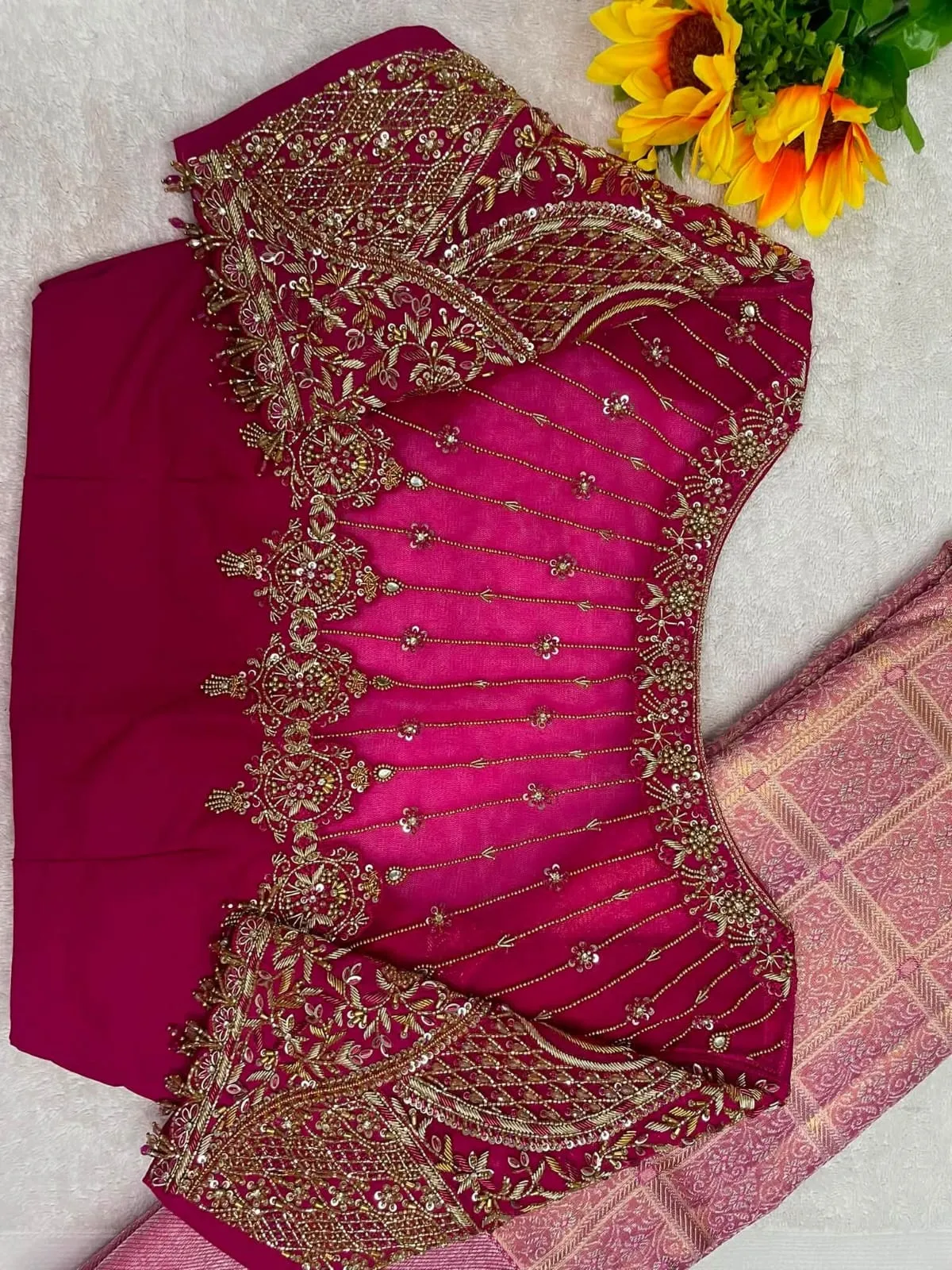 Magenta Pink Bridal Aari Work Blouse | Heavy Hand Embroidered Net Back & Hanging Bead Latkan Maggam Blouse