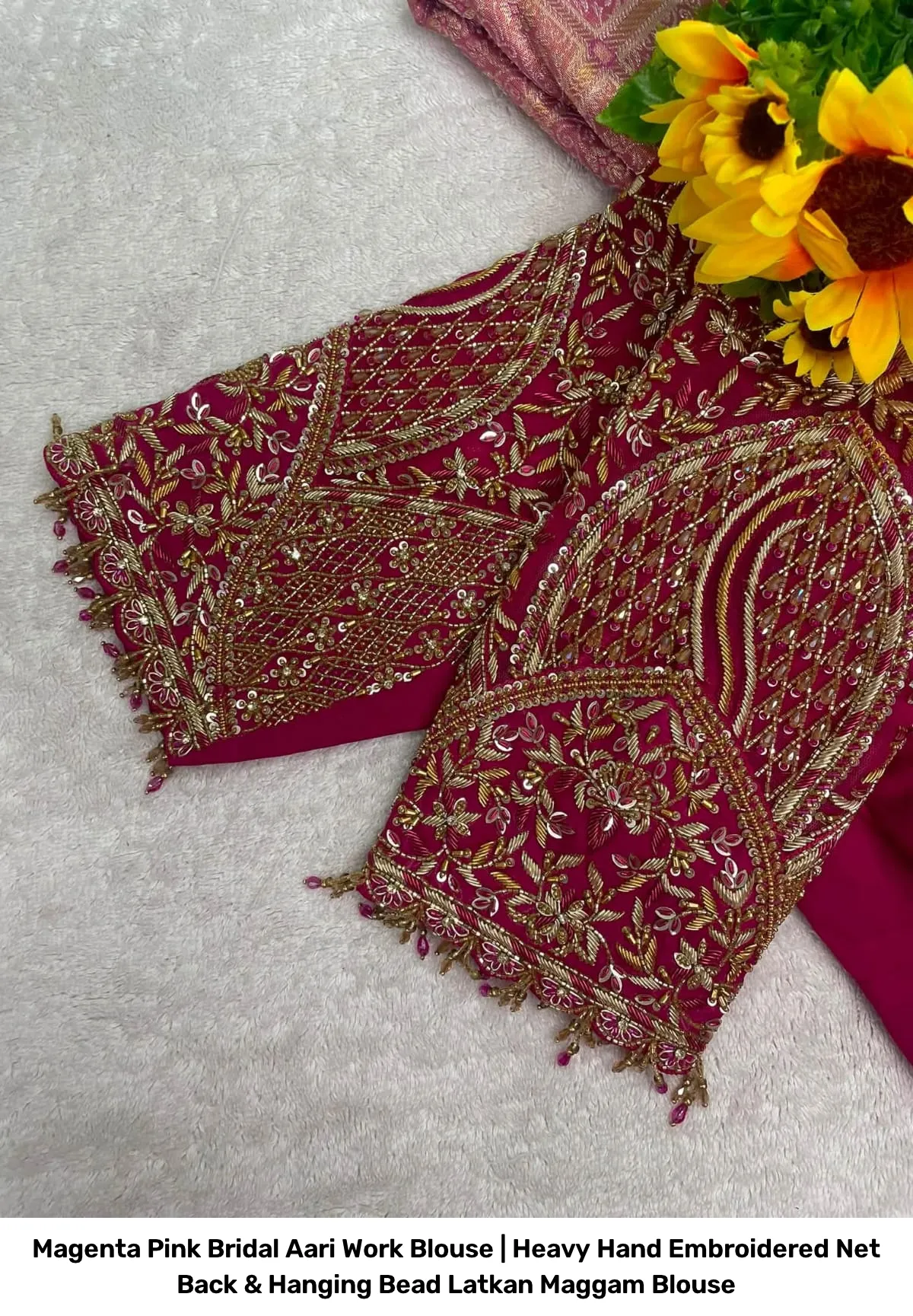 Magenta Pink Bridal Aari Work Blouse | Heavy Hand Embroidered Net Back & Hanging Bead Latkan Maggam Blouse 2