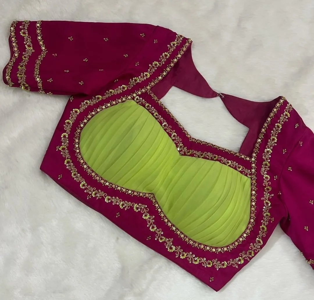 Magenta Pink Bridal Aari Work Blouse | Lime Green Pleated Bust Silk Saree Blouse 1