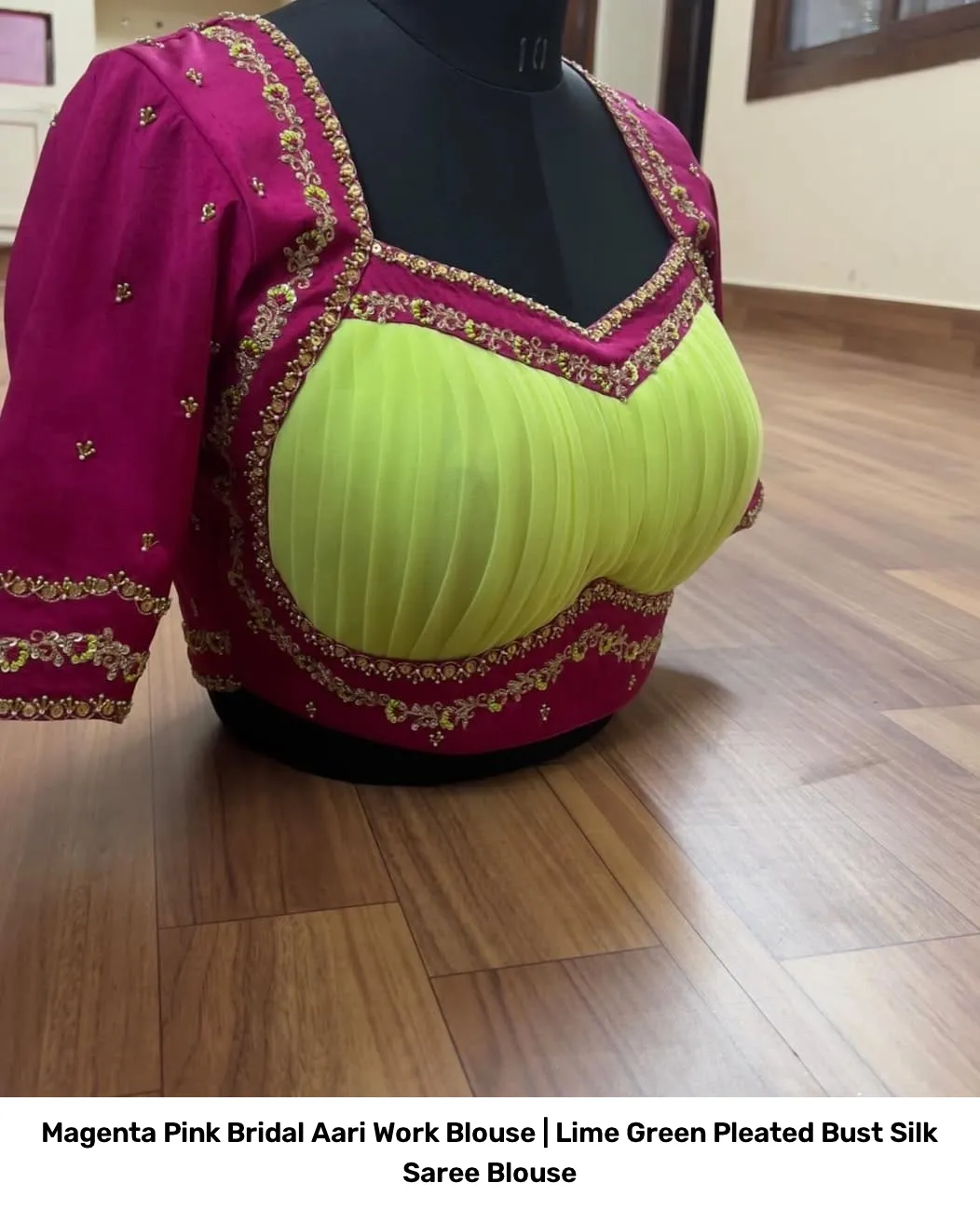 Magenta Pink Bridal Aari Work Blouse | Lime Green Pleated Bust Silk Saree Blouse 2
