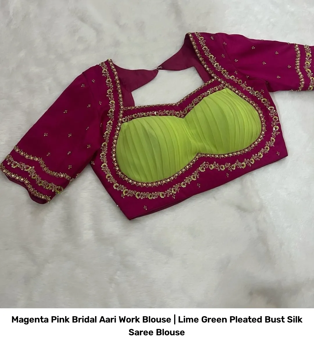 Magenta Pink Bridal Aari Work Blouse | Lime Green Pleated Bust Silk Saree Blouse 3