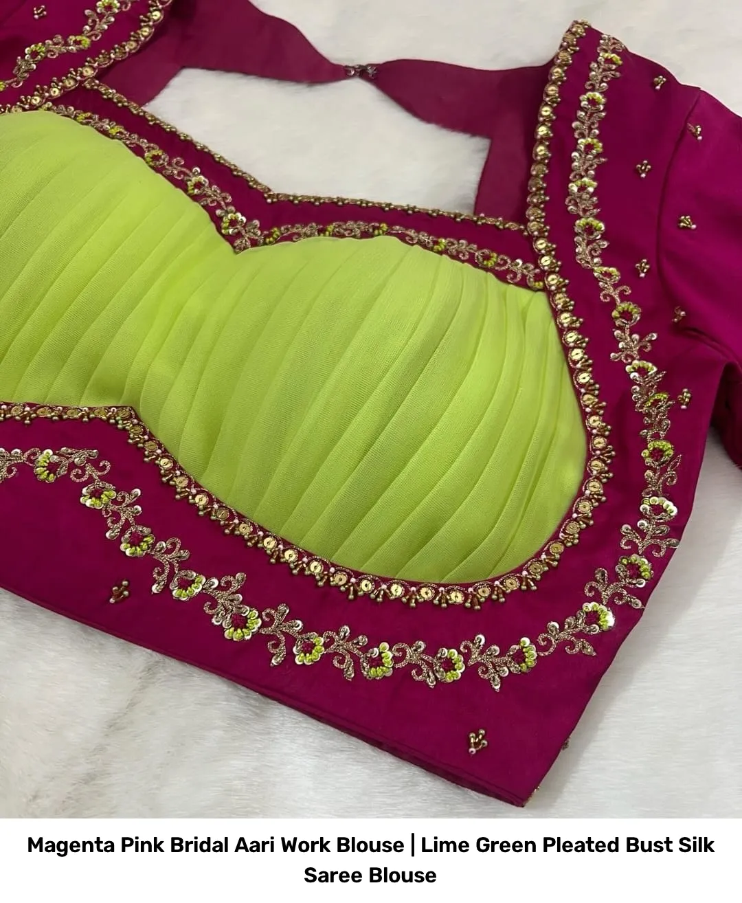 Magenta Pink Bridal Aari Work Blouse | Lime Green Pleated Bust Silk Saree Blouse 5
