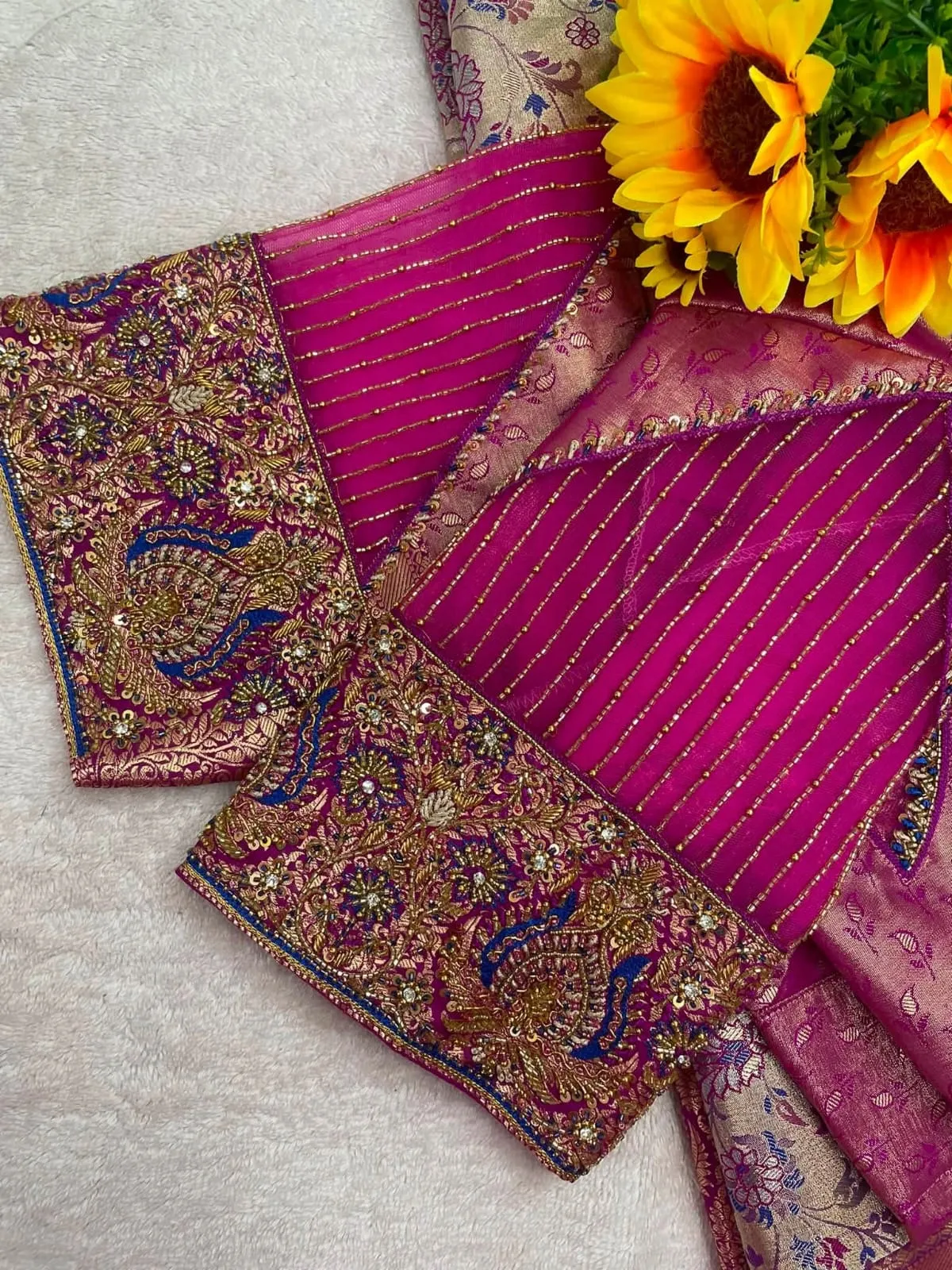 Magenta Pink Bridal Silk Blouse | Handcrafted Heavy Maggam & Zardosi Work Scallop Back Neck Blouse for Wedding Sarees