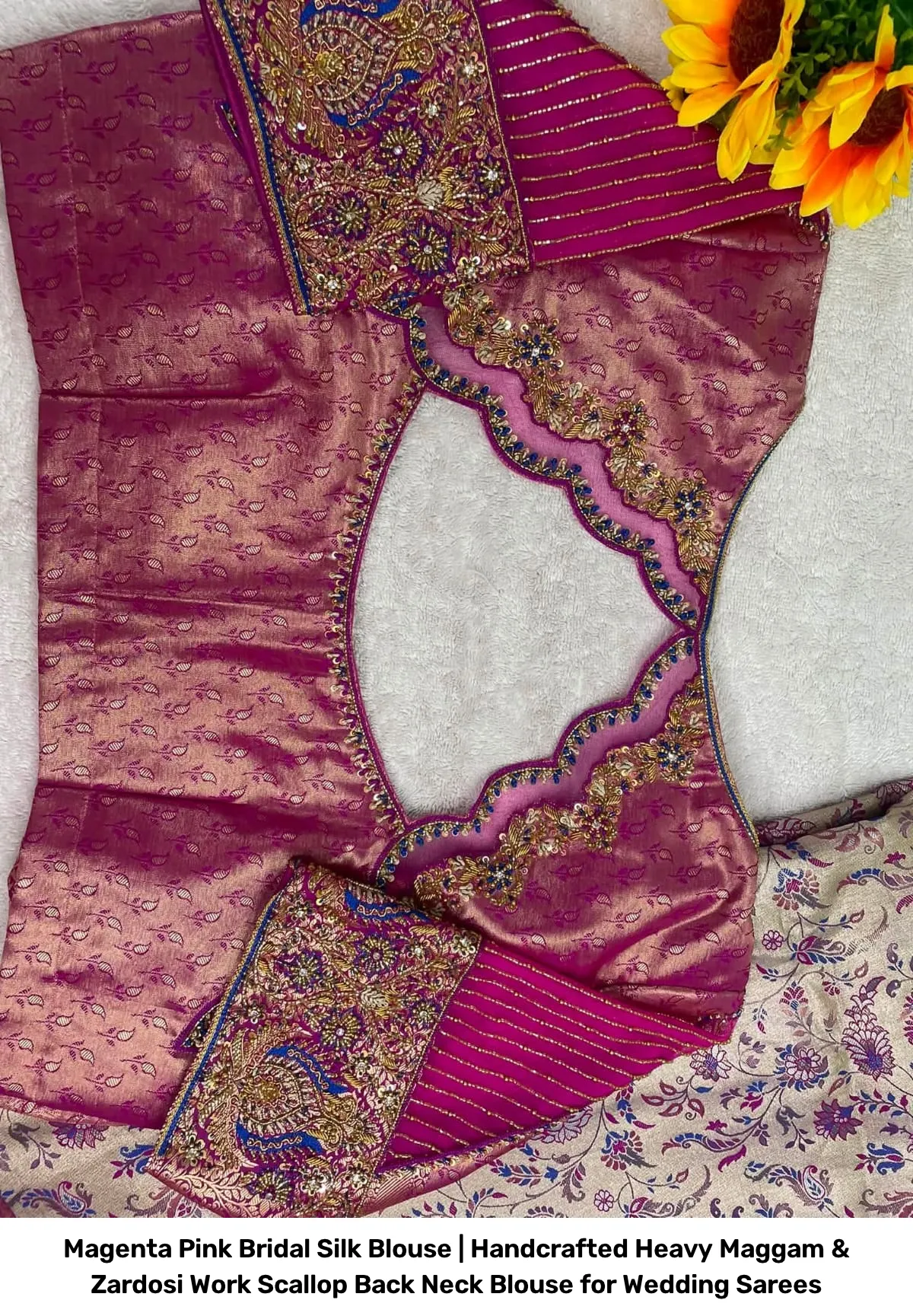 Magenta Pink Bridal Silk Blouse | Handcrafted Heavy Maggam & Zardosi Work Scallop Back Neck Blouse for Wedding Sarees 2