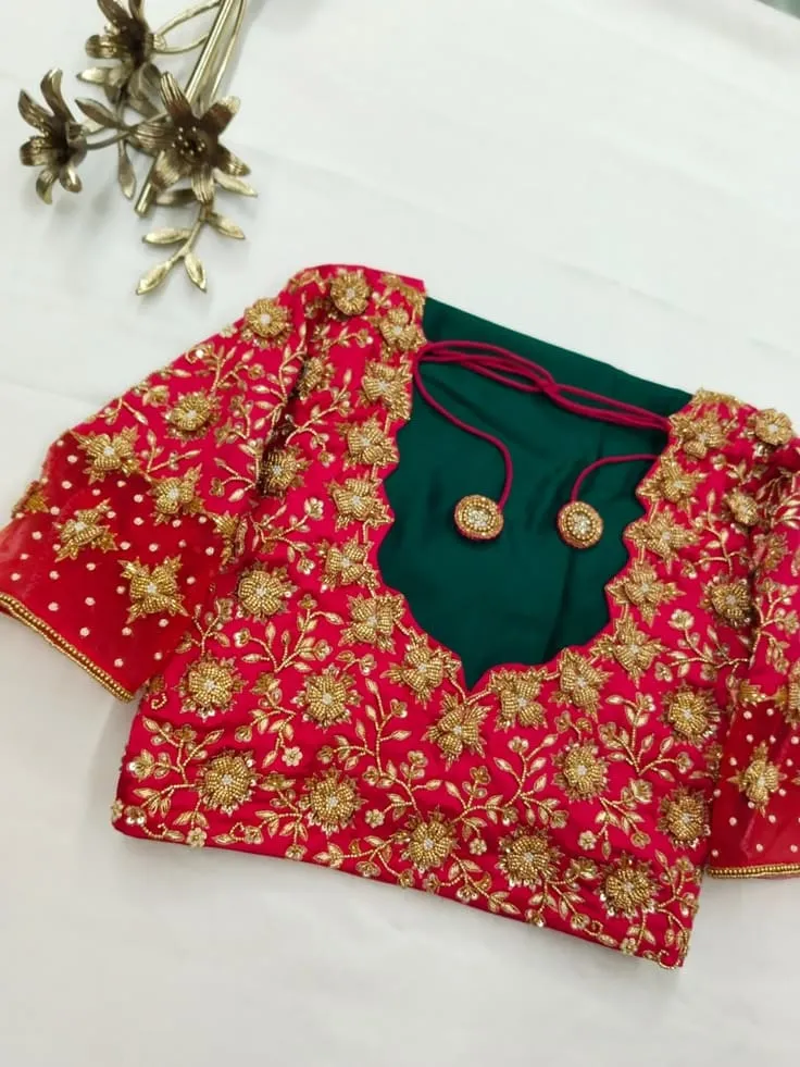 Magenta Pink Heavy Aari Work Blouse with Bottle Green Silk Saree Set | Designer Bridal Cutwork Blouse