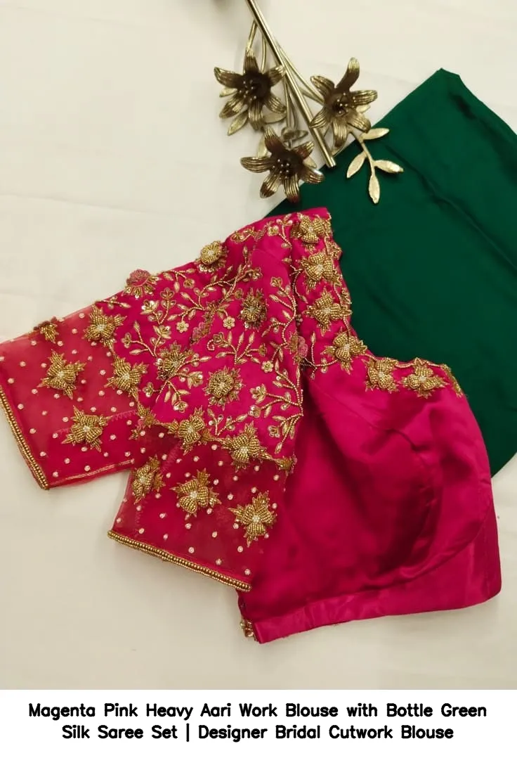 Magenta Pink Heavy Aari Work Blouse with Bottle Green Silk Saree Set | Designer Bridal Cutwork Blouse 2