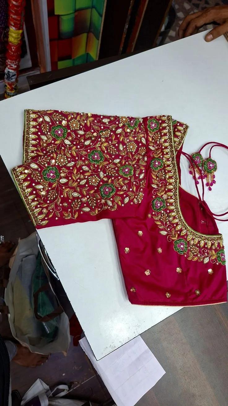 Magenta Pink Heavy Aari Work Bridal Blouse with Latkan | Designer Maggam Work Silk Blouse