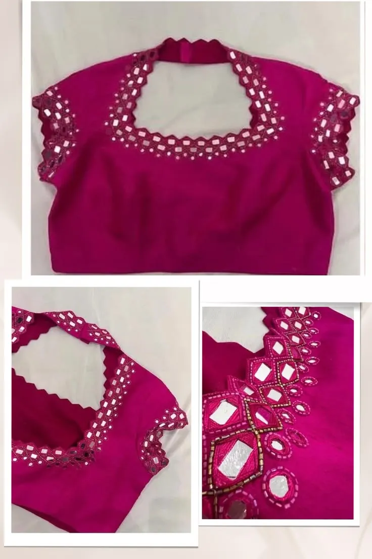 Magenta Pink Mirror Work Blouse | Scalloped Halter Neck Designer Silk Saree Blouse