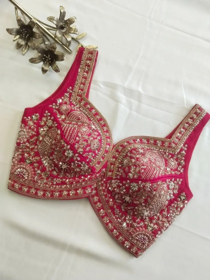Magenta Pink Padded Sweetheart Neck Blouse with Heavy Gold Handwork | Designer Bridal Choli