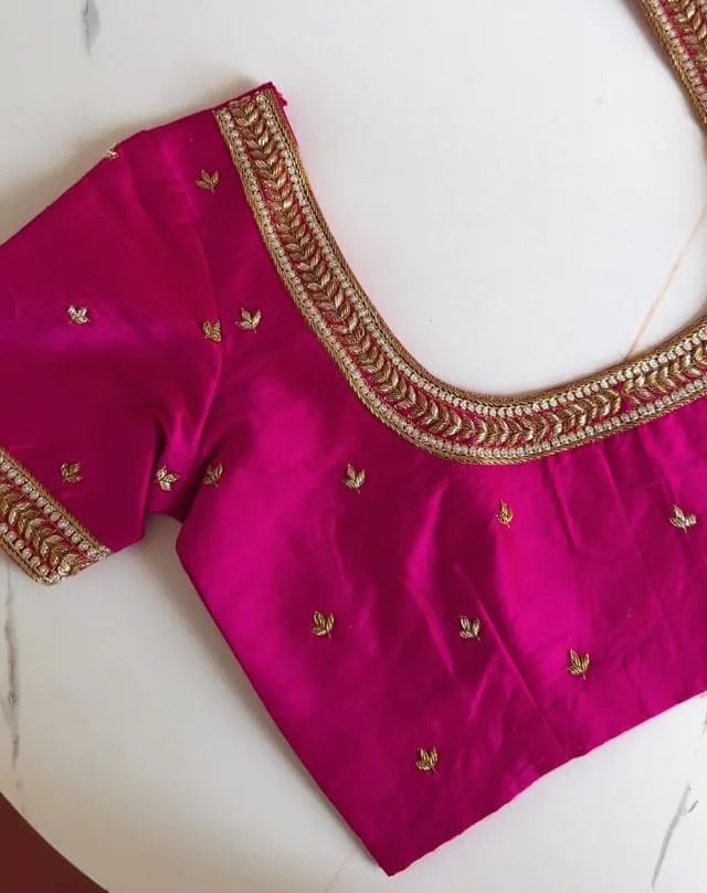 Magenta Pink Raw Silk Aari Work Blouse | Handcrafted Zardosi & Pearl Embroidered Bridal Saree Blouse