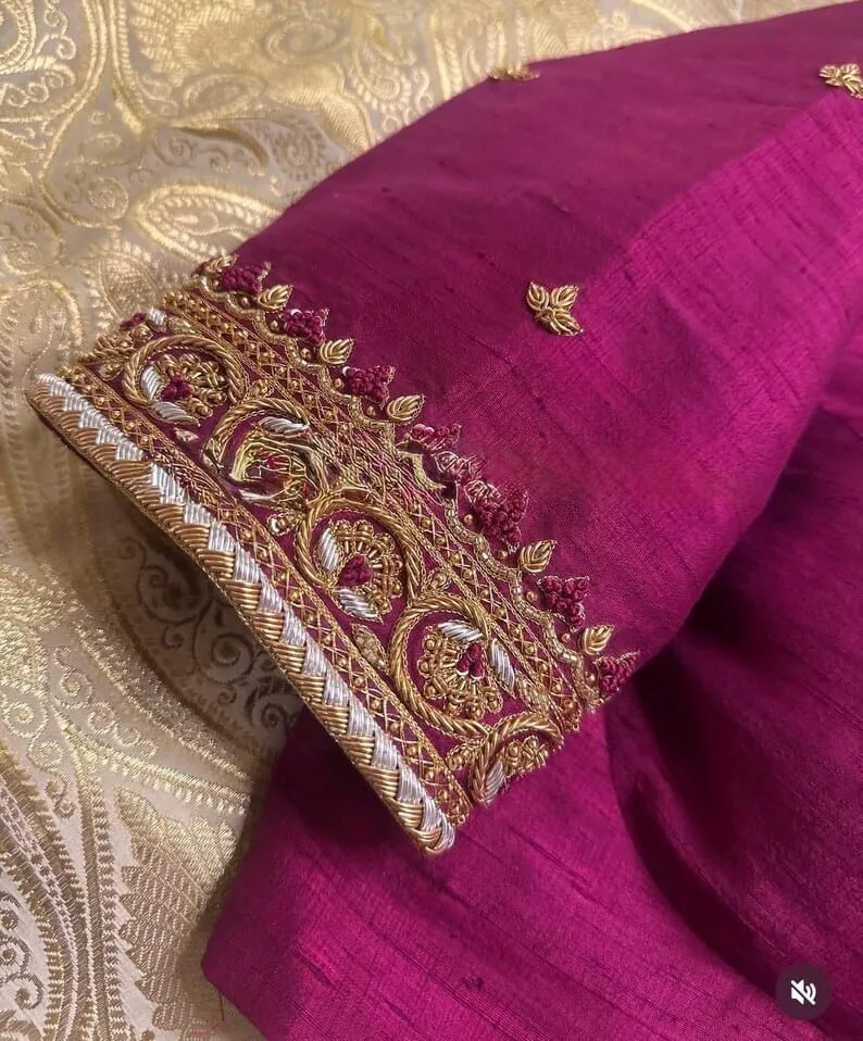 Magenta Pink Raw Silk Pattu Blouse, Hand Embroidered Antique Gold Zari Arch Border, Padded Sweetheart Neck with Small Buttis for Bridal Sarees 1