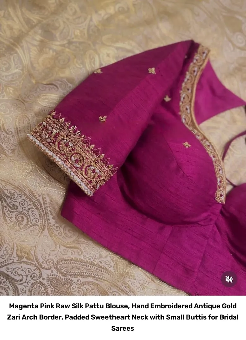 Magenta Pink Raw Silk Pattu Blouse, Hand Embroidered Antique Gold Zari Arch Border, Padded Sweetheart Neck with Small Buttis for Bridal Sarees 4