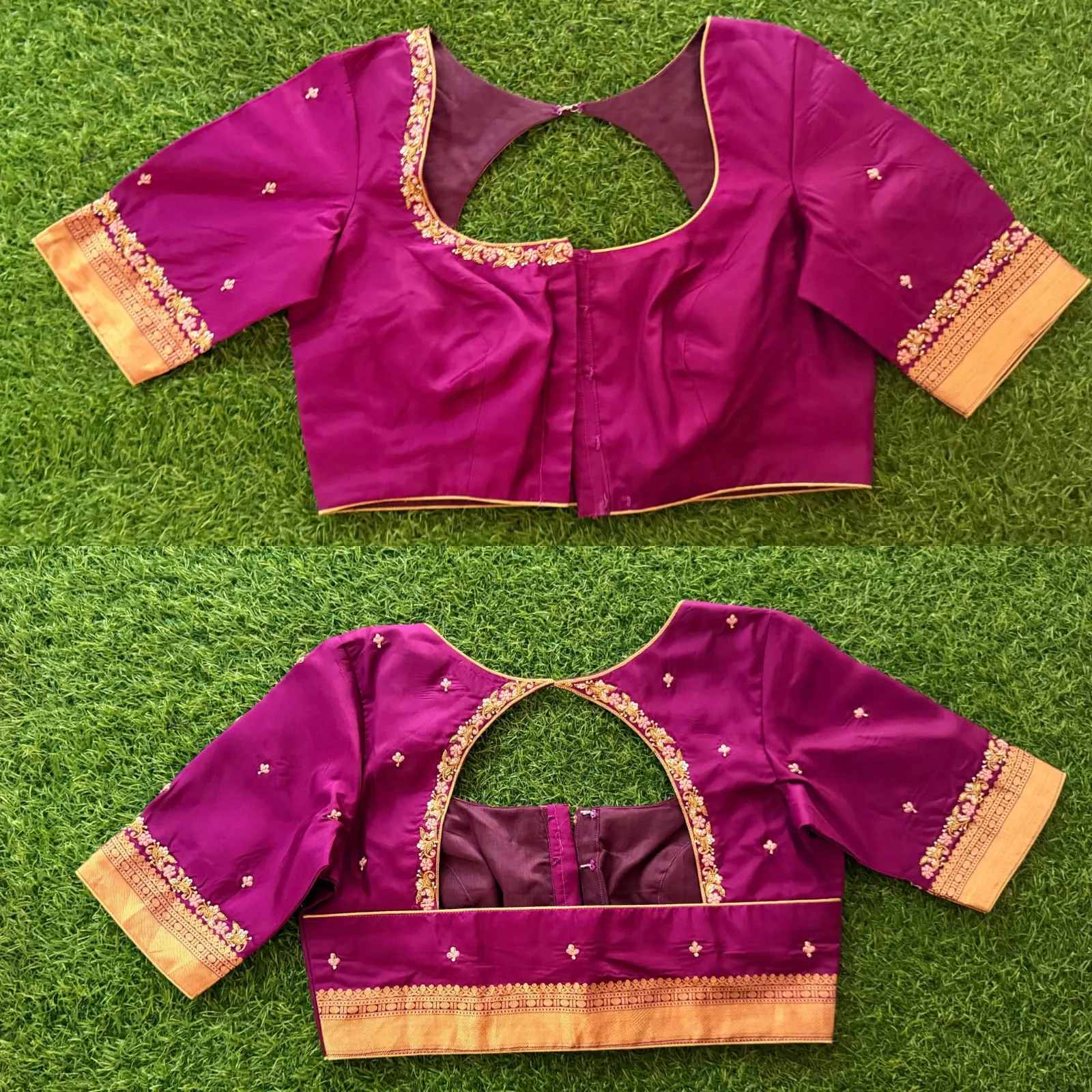 Magenta Pink Raw Silk Saree Blouse | Designer Cutout Back Neck Maggam Work with Gold Zari Border