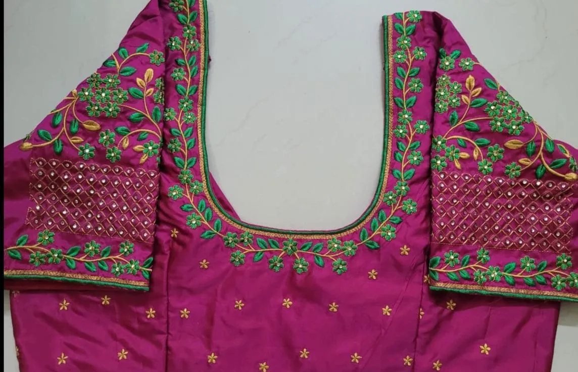 Magenta Pink Silk Blouse | Floral & Kundan Work | Computer Work Blouse
