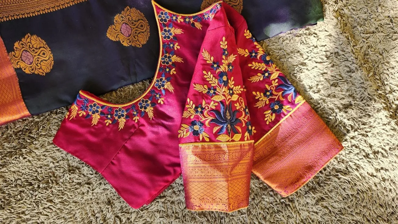 Magenta Pink Silk Computer Embroidery Blouse | Navy Blue Floral & Lotus Machine Work Saree Blouse with Kanchi Border 1