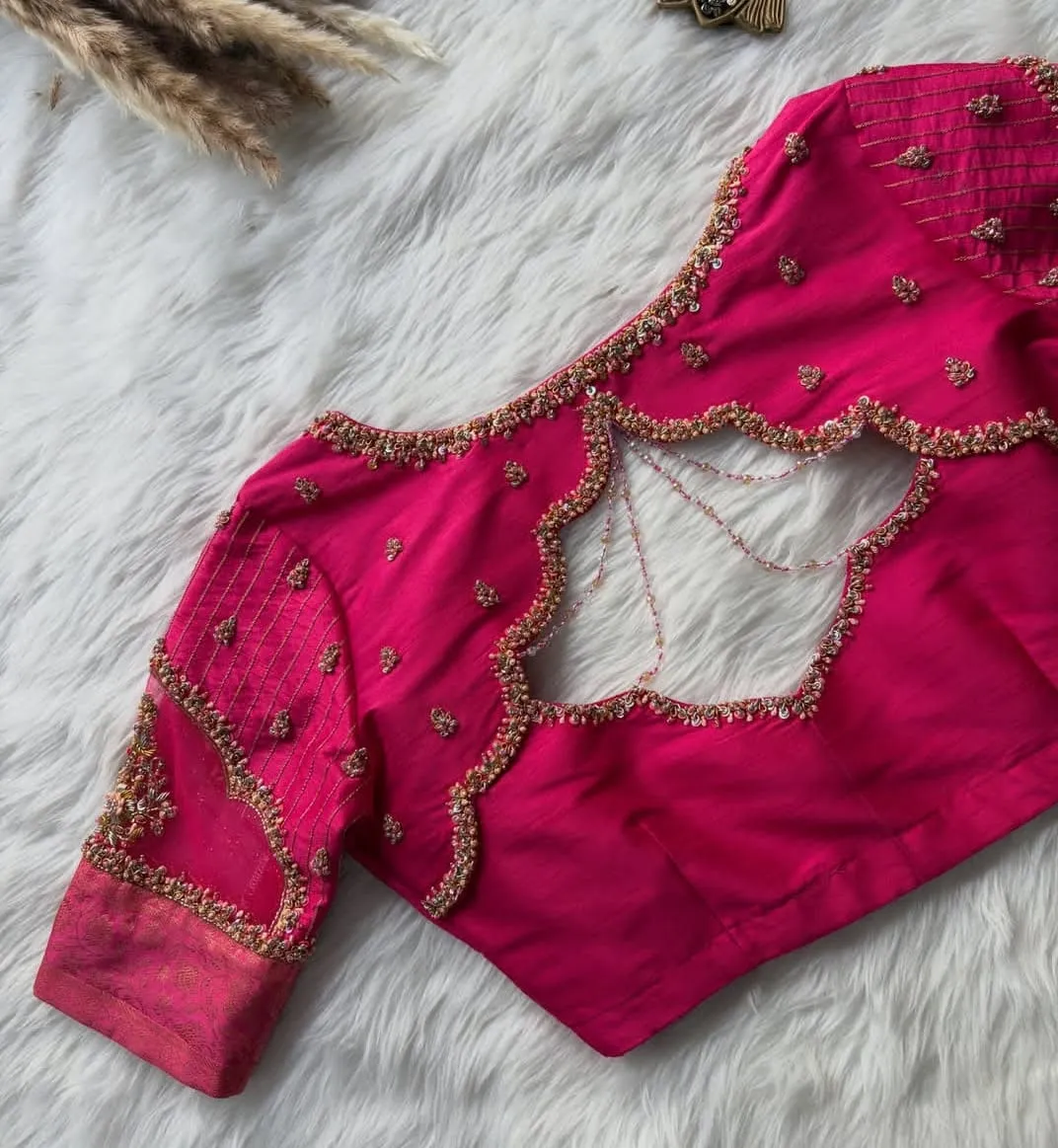 Magenta Pink Silk Designer Saree Blouse – Heavy Hand Embroidered Aari Work Blouse with Bead Strings