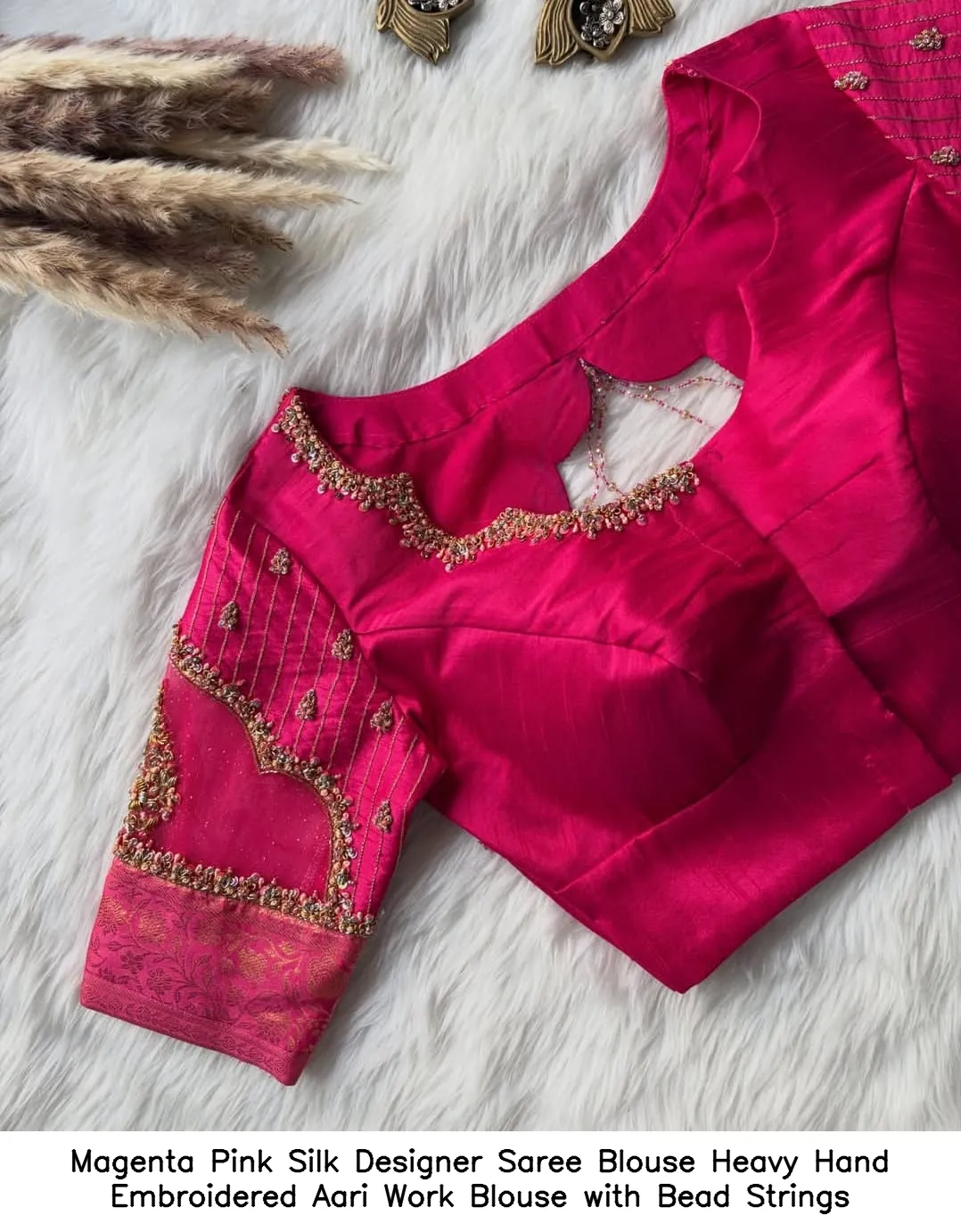 Magenta Pink Silk Designer Saree Blouse – Heavy Hand Embroidered Aari Work Blouse with Bead Strings 2