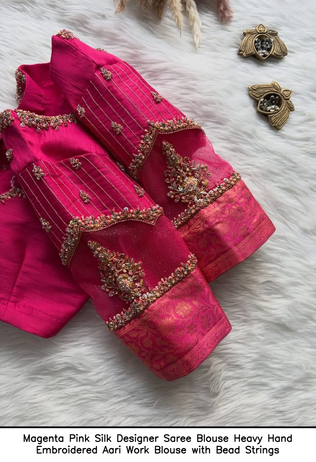 Magenta Pink Silk Designer Saree Blouse – Heavy Hand Embroidered Aari Work Blouse with Bead Strings 3
