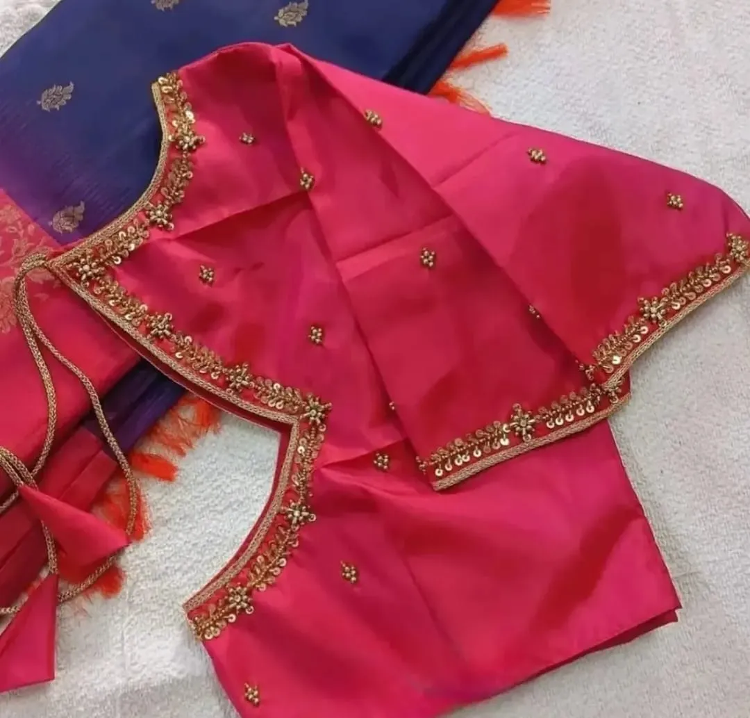 Magenta Pink Silk Saree Blouse - Sequin Floral Embroidery, Back Ties & Elbow Length Sleeves