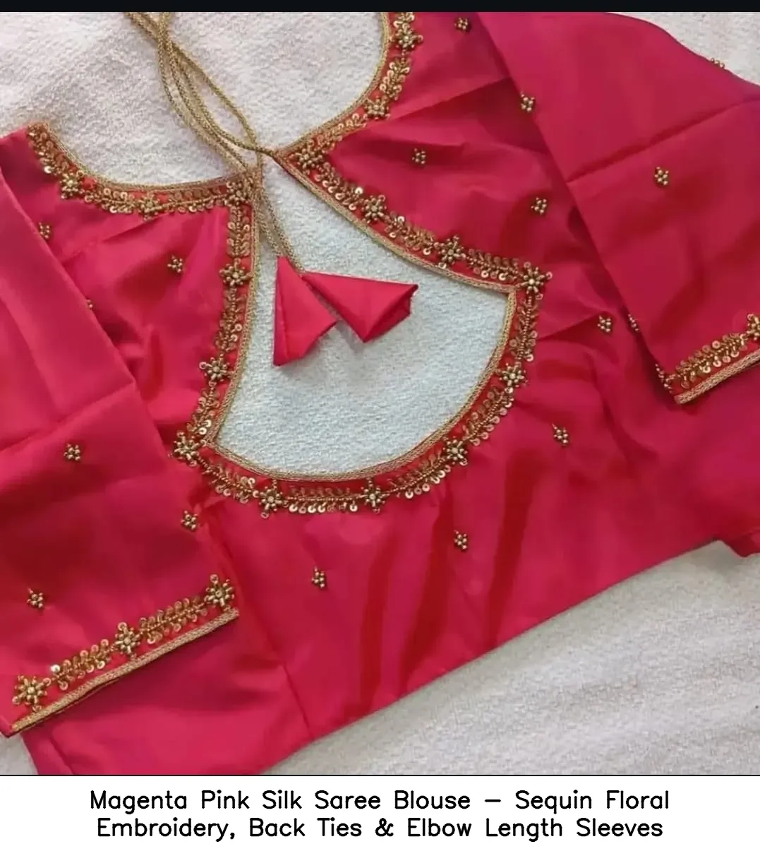 Magenta Pink Silk Saree Blouse - Sequin Floral Embroidery, Back Ties & Elbow Length Sleeves 2