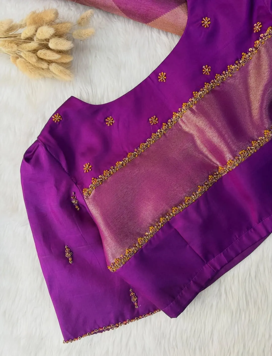 Magenta Purple Raw Silk Maggam Work Blouse | Scallop Neckline Aari Embroidery Bridal Saree Blouse with Zari Panel