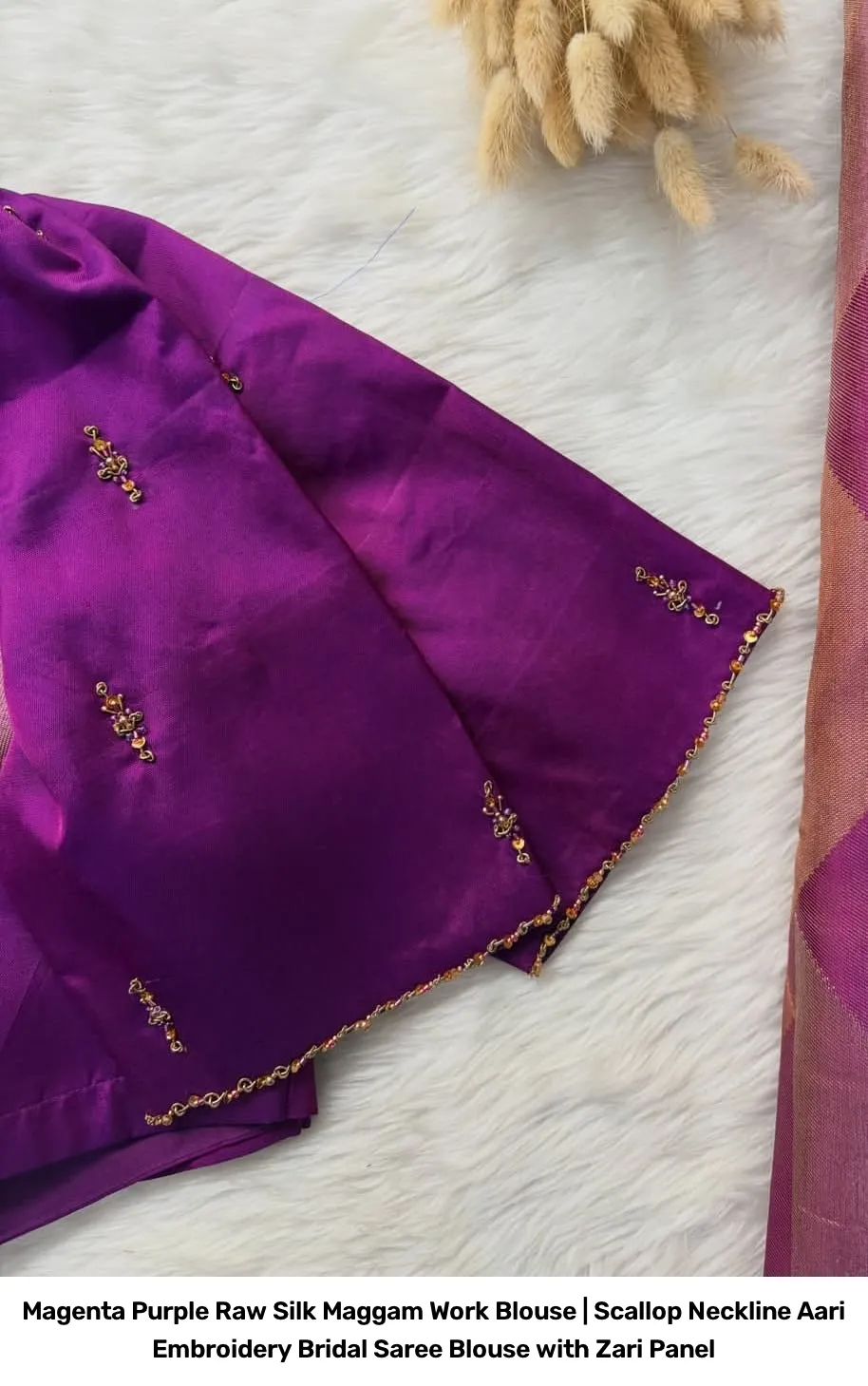 Magenta Purple Raw Silk Maggam Work Blouse | Scallop Neckline Aari Embroidery Bridal Saree Blouse with Zari Panel 2