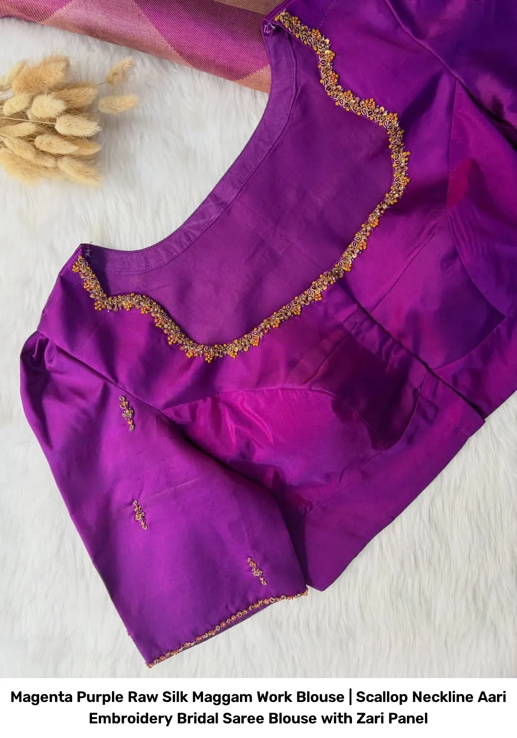Magenta Purple Raw Silk Maggam Work Blouse | Scallop Neckline Aari Embroidery Bridal Saree Blouse with Zari Panel 3