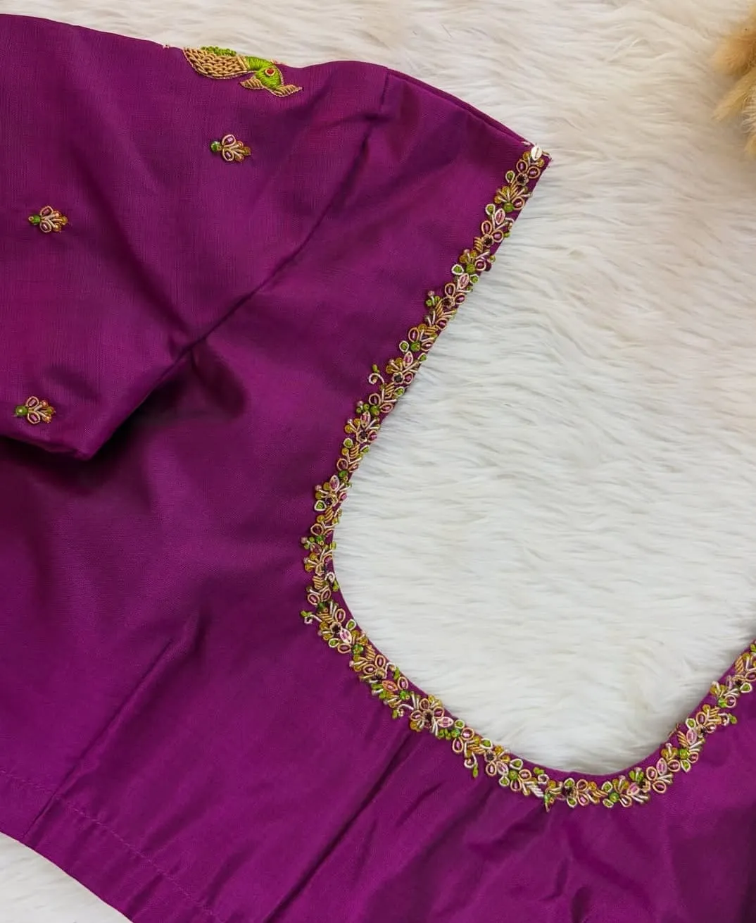 Magenta Purple Silk Maggam Work Blouse | Hand Embroidered Peacock Motif Aari Work Bridal Saree Blouse with Zari Border