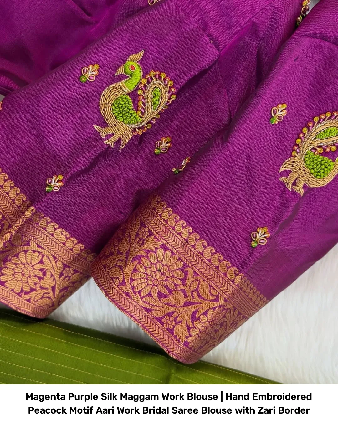 Magenta Purple Silk Maggam Work Blouse | Hand Embroidered Peacock Motif Aari Work Bridal Saree Blouse with Zari Border 2