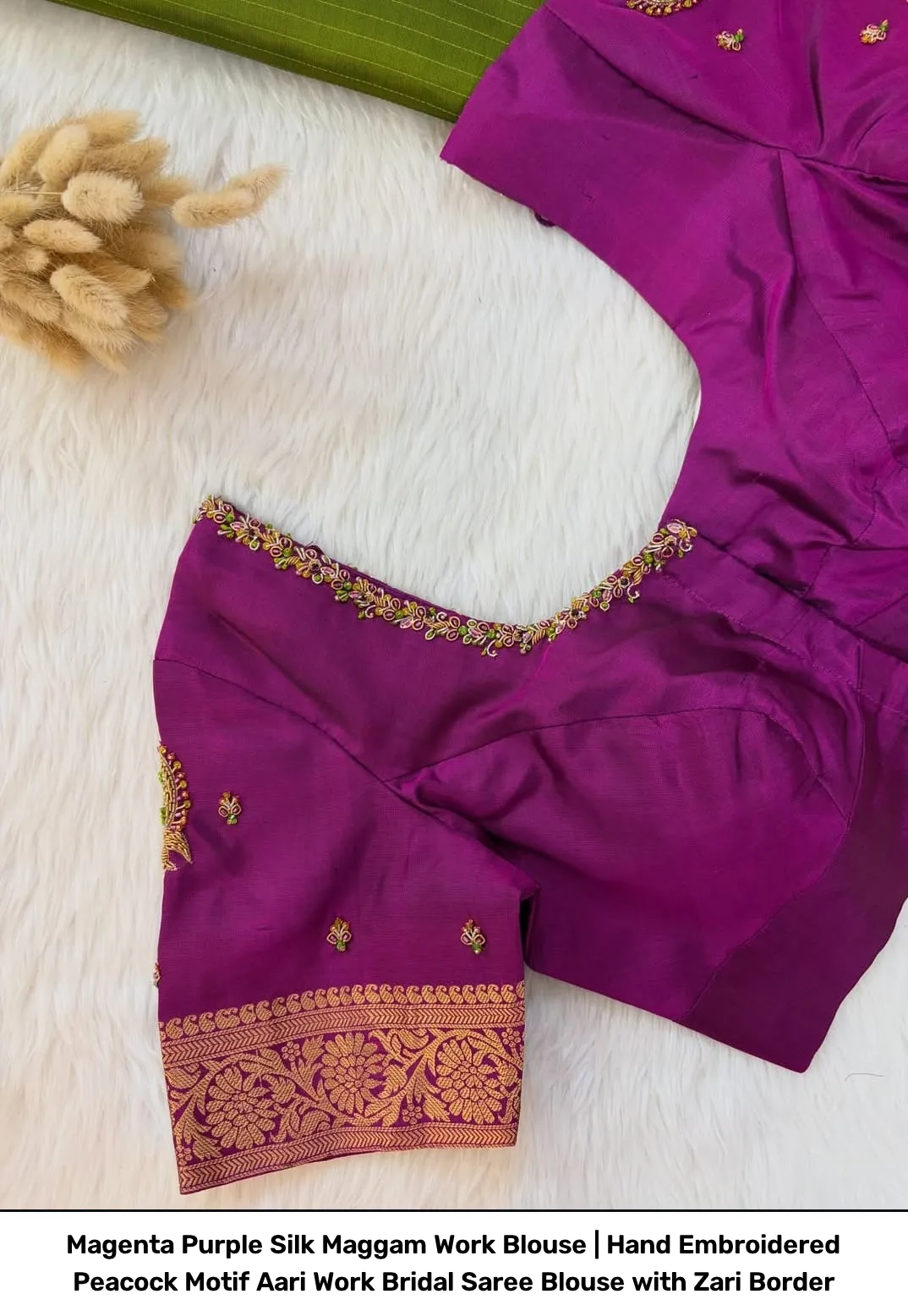 Magenta Purple Silk Maggam Work Blouse | Hand Embroidered Peacock Motif Aari Work Bridal Saree Blouse with Zari Border 3