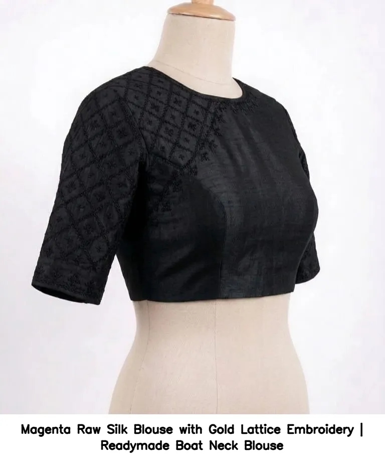 Magenta Raw Silk Blouse with Gold Lattice Embroidery | Readymade Boat Neck Blouse 2