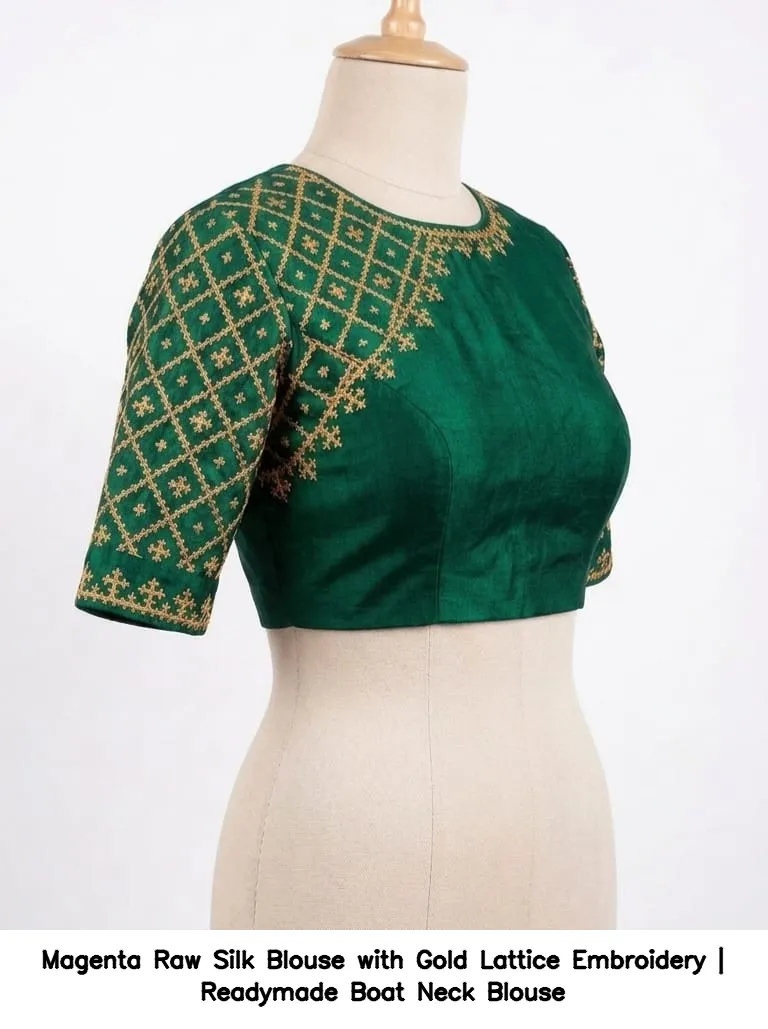 Magenta Raw Silk Blouse with Gold Lattice Embroidery | Readymade Boat Neck Blouse 3