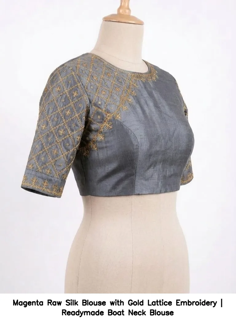 Magenta Raw Silk Blouse with Gold Lattice Embroidery | Readymade Boat Neck Blouse 4