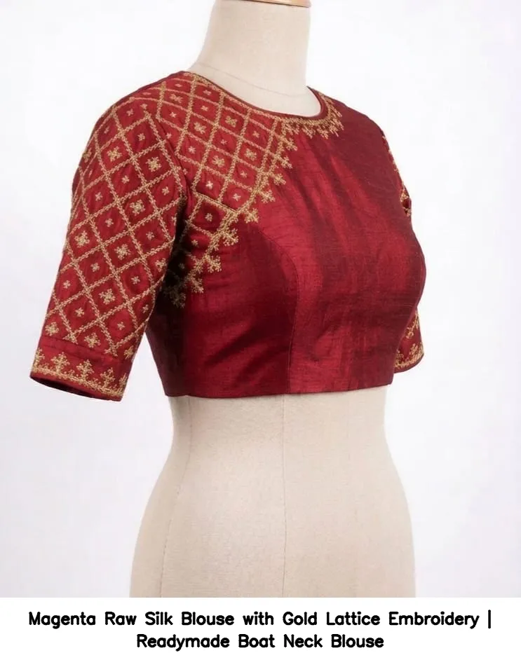 Magenta Raw Silk Blouse with Gold Lattice Embroidery | Readymade Boat Neck Blouse 5