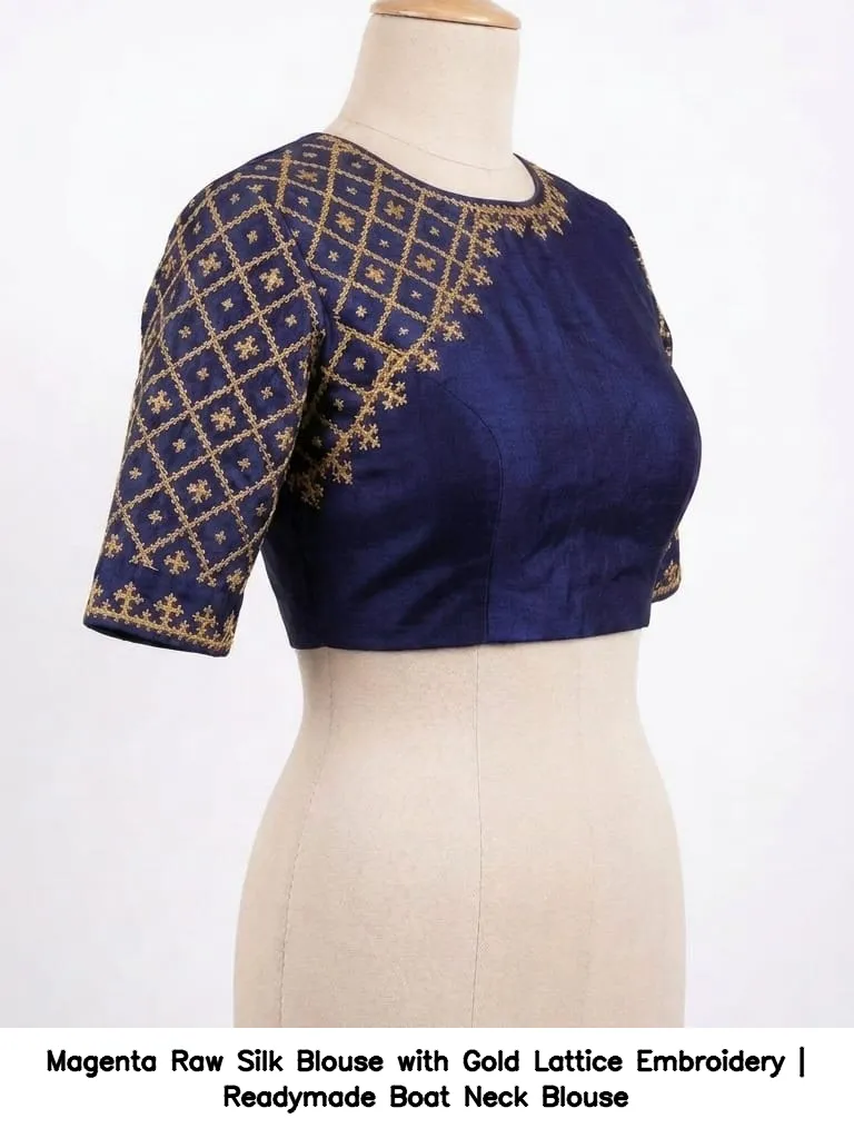 Magenta Raw Silk Blouse with Gold Lattice Embroidery | Readymade Boat Neck Blouse 6