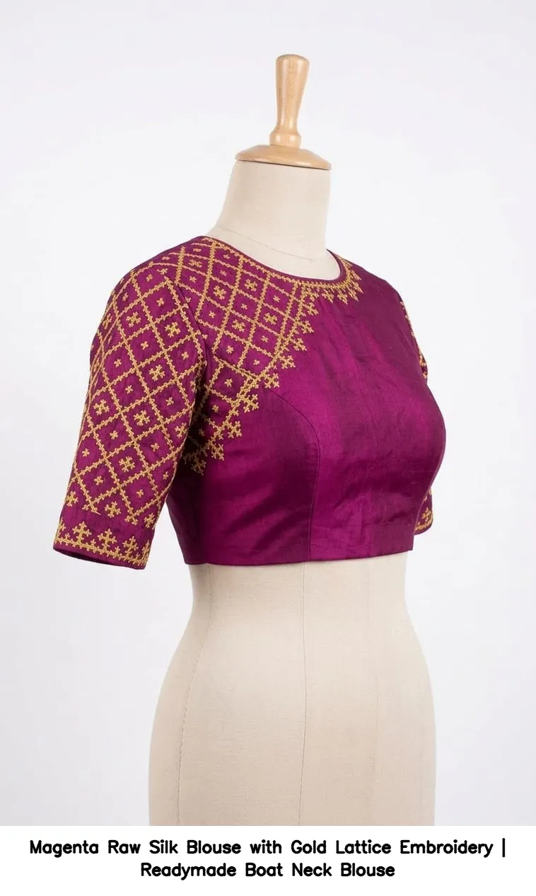 Magenta Raw Silk Blouse with Gold Lattice Embroidery | Readymade Boat Neck Blouse 7