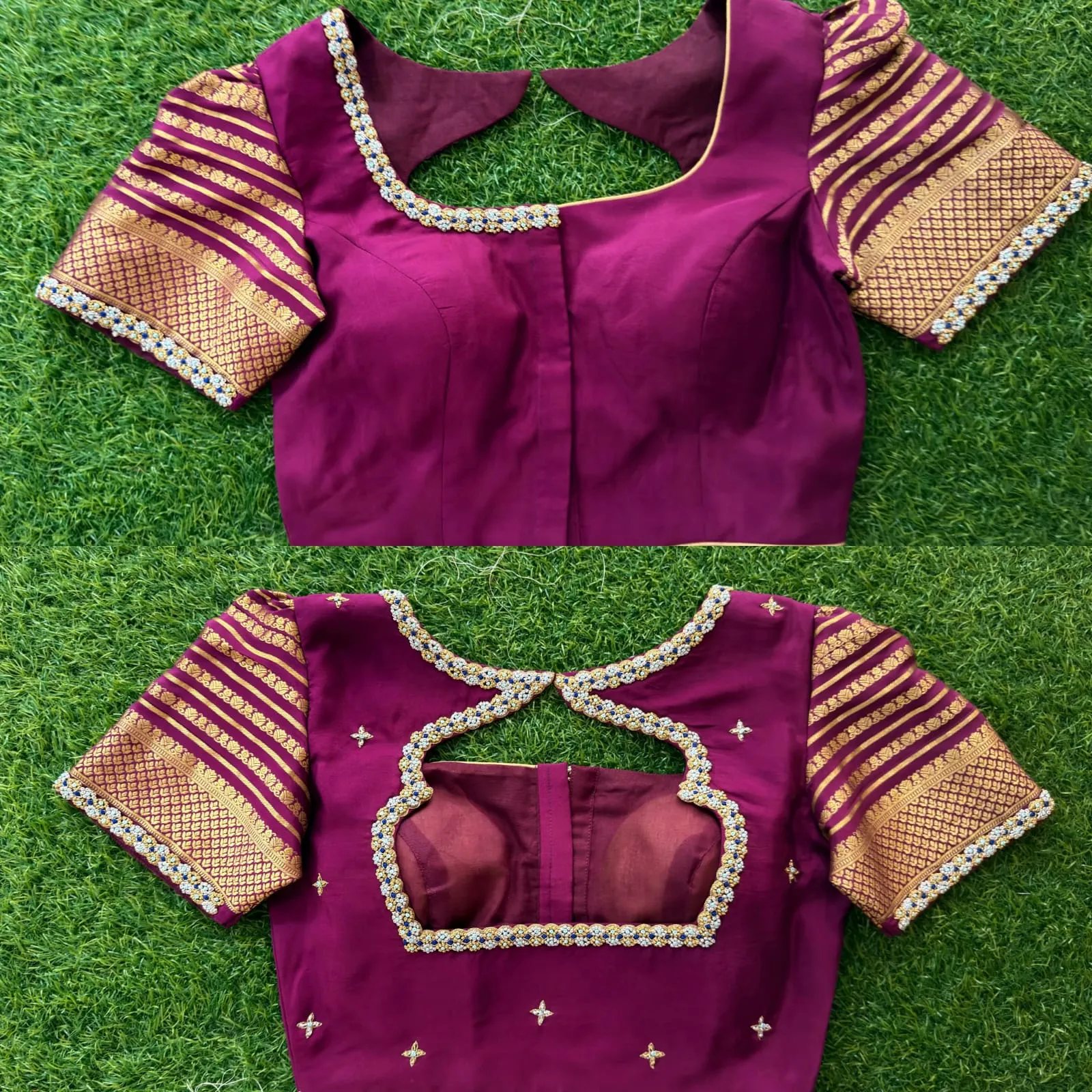 Magenta Silk Saree Blouse with Zari Border Sleeves | Asymmetric Front Neck & Keyhole Back Handwork Blouse