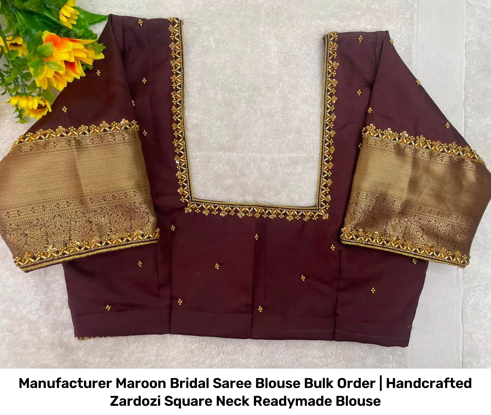Manufacturer Maroon Bridal Saree Blouse Bulk Order | Handcrafted Zardozi Square Neck Readymade Blouse 2